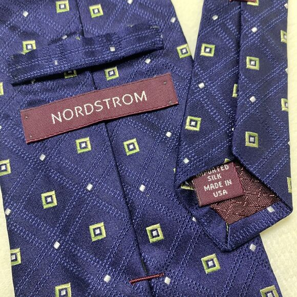 Nordstrom Necktie Silk Navy Blue Yellow Tie Geometric Diamonds Squares USA Corp - Picture 2 of 9
